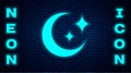 Glowing neon Moon and stars icon isolated on brick wall background. Vector Royalty Free Stock Photo