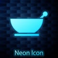Glowing neon Mortar and pestle icon isolated on brick wall background. Vector Illustration Royalty Free Stock Photo