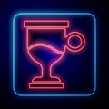 Glowing neon Mulled wine with glass of drink and ingredients icon isolated on blue background. Cinnamon stick, clove Royalty Free Stock Photo