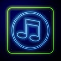 Glowing neon Music note, tone icon isolated on blue background. Vector Royalty Free Stock Photo