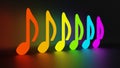 Glowing neon music notes of rainbow colors placed on black glossy background. Concept of party, celebration. Reflection on the Royalty Free Stock Photo