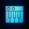 Glowing neon Music synthesizer icon isolated on brick wall background. Electronic piano. Vector Royalty Free Stock Photo