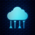 Glowing neon Network cloud connection icon isolated on brick wall background. Social technology. Cloud computing concept