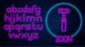 Glowing neon Neurology reflex hammer icon isolated on brick wall background. Neon light alphabet. Vector Illustration Royalty Free Stock Photo