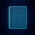 Glowing neon Notebook icon isolated on brick wall background. Spiral notepad icon. School notebook. Writing pad. Diary