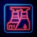 Glowing neon Nuclear power plant icon isolated on black background. Energy industrial concept. Vector