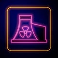 Glowing neon Nuclear power plant icon isolated on black background. Energy industrial concept. Vector