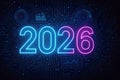 Glowing Neon Numbers 2026 on Futuristic Circuit Board Background with Data Visualizations year future Royalty Free Stock Photo