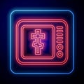 Glowing neon Online church pastor preaching video streaming icon isolated on black background. Online church of Jesus