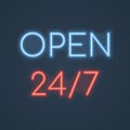 Glowing neon open 24 7 hours sign. Vector illustration. Royalty Free Stock Photo