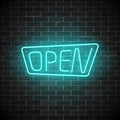 Glowing neon open sign on a brick wall background. 24 Hours working night club signboard with lettering. Royalty Free Stock Photo