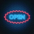 Glowing neon open 24-7 sign in ellipse frame. Open shop, store or bar icon, text, banner in neon style