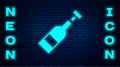 Glowing neon Opened bottle of wine icon isolated on brick wall background. Vector Illustration