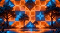 Glowing neon orange and blue geometric tree pattern, seamless texture Royalty Free Stock Photo