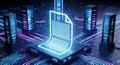 Futuristic Digital Document Floating Above Circuit Board with Server Racks and Neon Lights Royalty Free Stock Photo