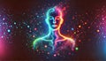 Glowing neon outlines of abstract human forms dissolving into colorful particle clouds against a dark background designed using Royalty Free Stock Photo