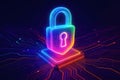 Glowing neon padlock on a computer chip with a dark circuit board background security cybersecurity Royalty Free Stock Photo