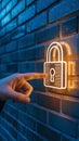 Glowing Neon Padlock Icon Against Dark Blue Brick Wall With Reaching Hand Royalty Free Stock Photo