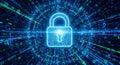 Glowing neon padlock symbol illuminates digital data stream Royalty Free Stock Photo