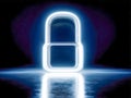 Glowing neon padlock symbol shining brightly on reflective surface against dark background representing security and protection Royalty Free Stock Photo