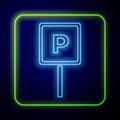 Glowing neon Parking icon isolated on blue background. Street road sign. Vector Royalty Free Stock Photo