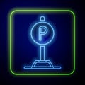 Glowing neon Parking icon isolated on blue background. Street road sign. Vector Royalty Free Stock Photo