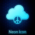 Glowing neon Peace cloud icon isolated on brick wall background. Hippie symbol of peace. Vector