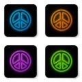 Glowing neon Peace icon isolated on white background. Hippie symbol of peace. Black square button. Vector Illustration