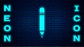 Glowing neon Pencil with eraser icon isolated on brick wall background. Drawing and educational tools. School office Royalty Free Stock Photo