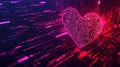 Glowing Neon Pink Heart Made of Abstract Binary Code, Floating in Dark Futuristic Cyberspace, Cyberpunk Glitch Visual 8K Royalty Free Stock Photo