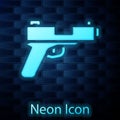 Glowing neon Pistol or gun icon isolated on brick wall background. Police or military handgun. Small firearm. Vector