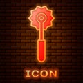 Glowing neon Pizza knife icon isolated on brick wall background. Pizza cutter sign. Steel kitchenware equipment. Vector