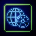 Glowing neon Planet earth and radiation symbol icon isolated on blue background. Environmental concept. Vector Royalty Free Stock Photo