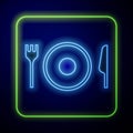 Glowing neon Plate, fork and knife icon isolated on blue background. Cutlery symbol. Restaurant sign. Vector Royalty Free Stock Photo