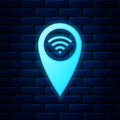 Glowing neon Pointer map with wifi internet signal connection icon isolated on brick wall background. Vector