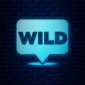 Glowing neon Pointer to wild west icon isolated on brick wall background. Western signboard, message board, signpost for