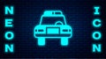 Glowing neon Police car and police flasher icon isolated on brick wall background. Emergency flashing siren. Vector