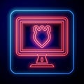 Glowing neon Police database icon isolated on blue background. Police badge on monitor screen. Online police service