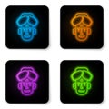 Glowing neon Portrait of Indian man icon isolated on white background. Hindu men. Black square button. Vector