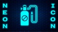 Glowing neon Pressure sprayer for extermination of insects icon isolated on brick wall background. Pest control service.