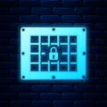 Glowing neon Prison window icon isolated on brick wall background