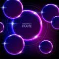 Glowing neon purple and blue circles abstract background. Round lines with electric light frames. Square geometric Royalty Free Stock Photo