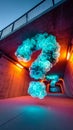 A glowing, neon question mark made of bubbles in a tunnel with red and blue lighting Royalty Free Stock Photo