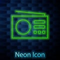 Glowing neon Radio with antenna icon isolated on brick wall background. Vector Royalty Free Stock Photo