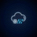 Glowing neon rainy and snowy weather icon. Rain and snow symbol with cloud in neon style to weather forecast Royalty Free Stock Photo