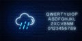 Glowing neon rainy weather icon with alphabet. Rain symbol with cloud in neon style to weather forecast Royalty Free Stock Photo