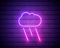 Glowing neon rainy weather icon on dark brick wall background. Rain symbol with cloud in neon style to weather forecast in mobile Royalty Free Stock Photo