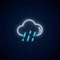 Glowing neon rainy weather icon. Rain symbol with cloud in neon style to weather forecast in mobile application Royalty Free Stock Photo