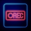 Glowing neon Record button icon isolated on black background. Rec button. Vector