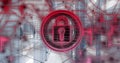 Glowing neon-red padlock floating in data center corridor, with wireframe grid and server racks Royalty Free Stock Photo